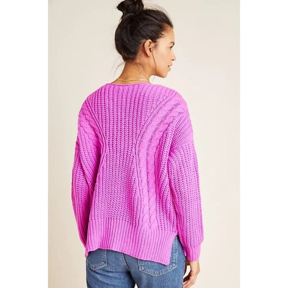 NWOT HEARTLOOM Evon Orchid Fuchsia Pink Cable Knit V-Neck Sweater, Size L - Picture 3 of 12